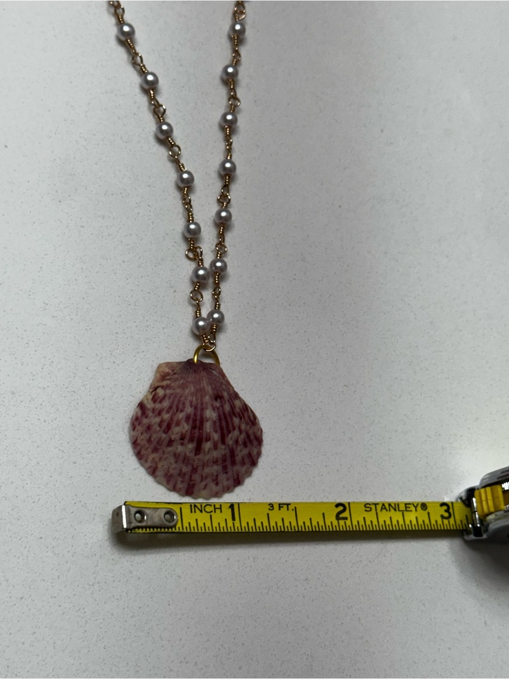 Gold Pearl Chain Necklace with Pink Shell Pendant - Picture 5 of 12